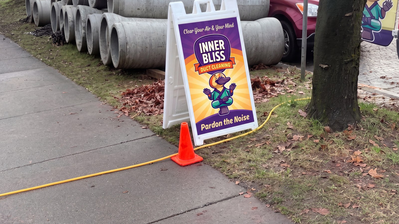 Inner Bliss A-frame sign and service van at a job site