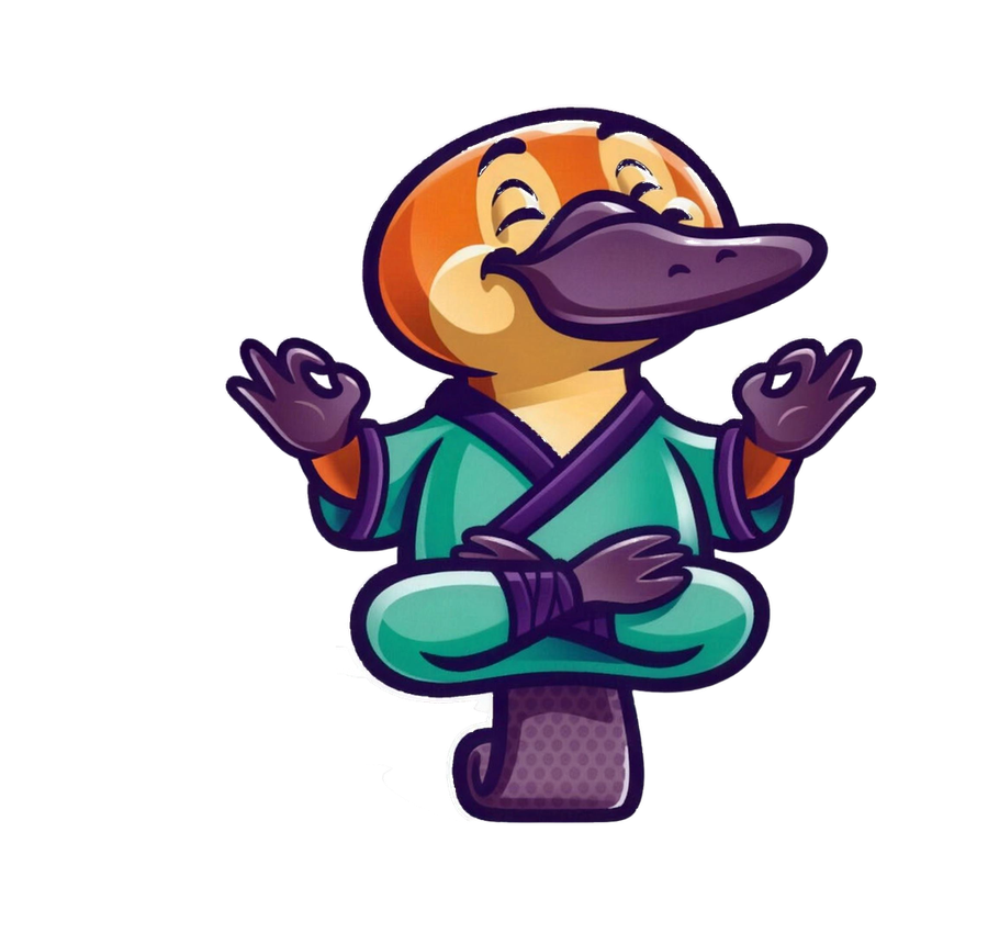 Paddles the Platypus, Inner Bliss Duct Cleaning's friendly mascot, sitting peacefully with a calm smile — representing the clean, fresh air your home deserves